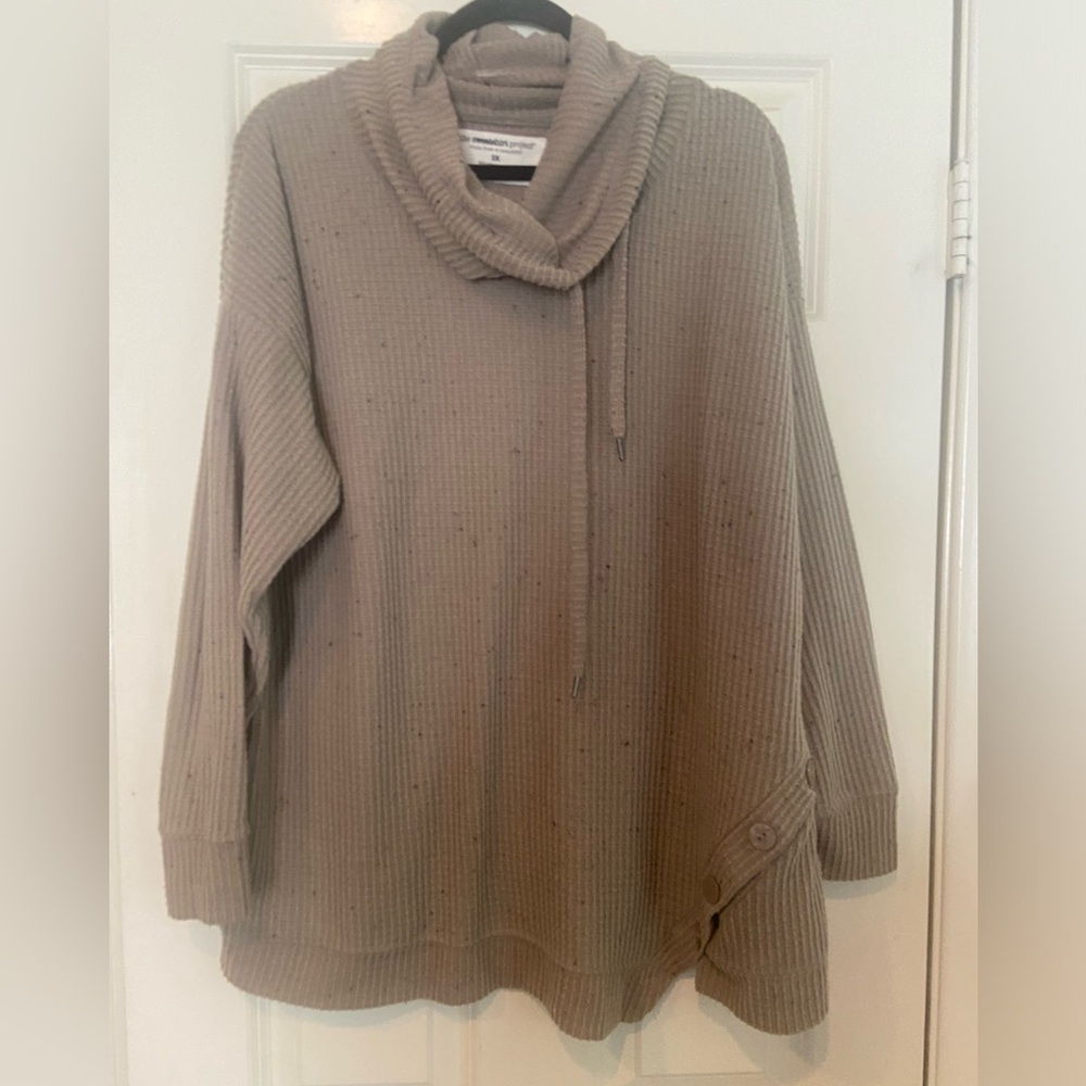 Relaxed Cowl Neck Ribbed Sweater in Taupe